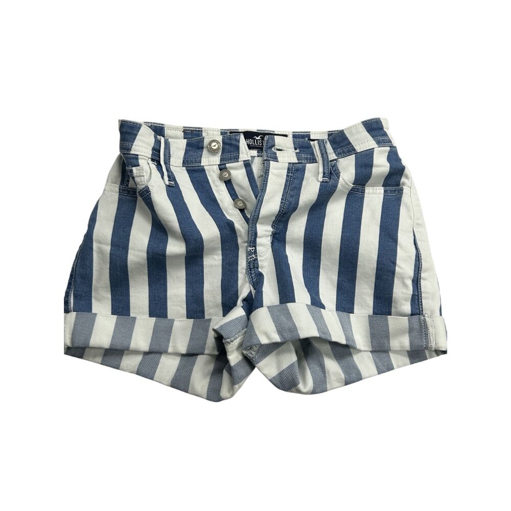 Hollister High-Rise Mom Shorts 3" Blue & White Striped W24 Cotton Blend - Picture 3 of 9